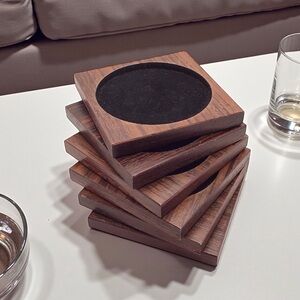 Vintage 1980s Wooden Coaster Set of 6 Square Wood Drink Coasters Mid Century
